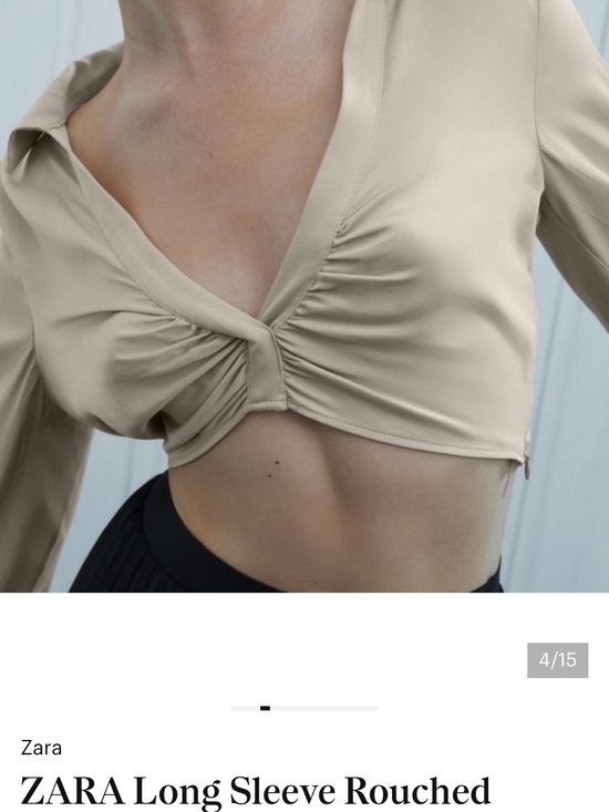 Zara Tops - Zara Sand Beige Long-Sleeve Ruched V-Neck Crop Blouse M